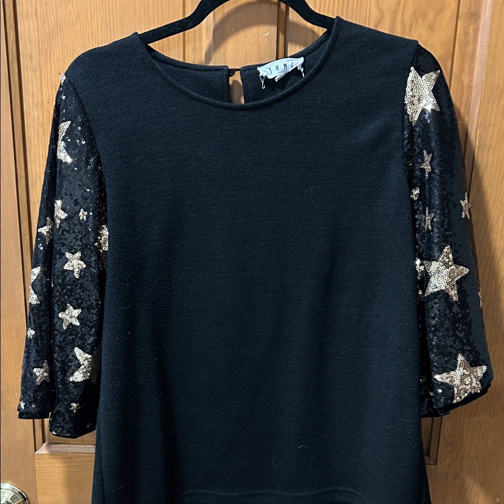 THML Black Top with Gold Sequin Star Sleeves